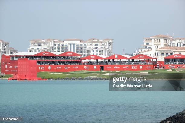 General View of the 18th hole during Day Three of the Abu Dhabi HSBC Championship at Yas Links Golf Course on January 22, 2022 in Abu Dhabi, United...