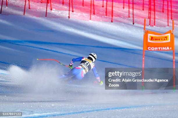 Romane Miradoli of Team France competes during the FIS Alpine Ski World Cup Women's Downhill on January 22, 2022 in Cortina d'Ampezzo Italy.