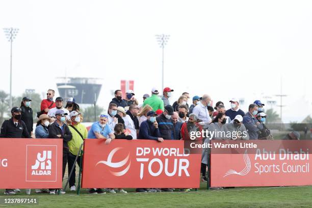 Spectators look on during Day Three of the Abu Dhabi HSBC Championship at Yas Links Golf Course on January 22, 2022 in Abu Dhabi, United Arab...