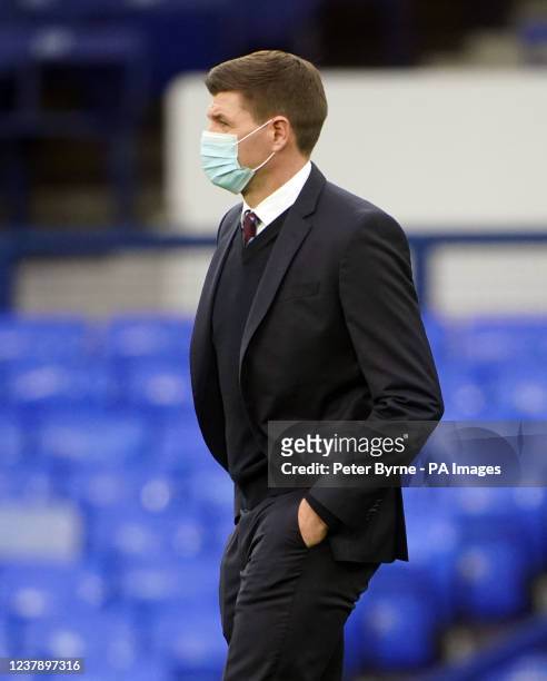 Aston Villa manager Steven Gerrard inspects the pitch in a mask before the Premier League match at Goodison Park Park, Liverpool. Picture date:...