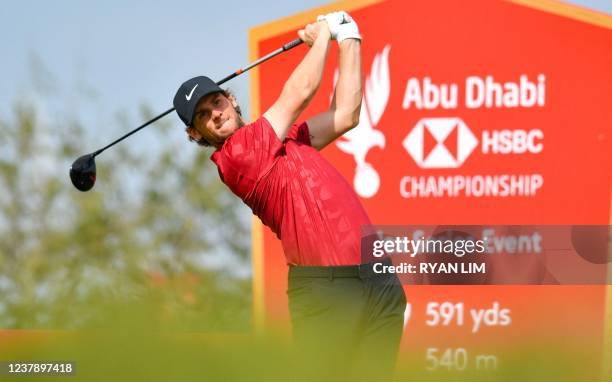 Thomas Pieters of Belgium plays a shot at the seveth hole during the third round of the Abu Dhabi HSBC championship at Yas Links Golf Course, on...