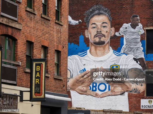 General view of a mural featuring current Leeds United player Kalvin Phillips, along with former players Lucas Radebe and Albert Johanneson on the...