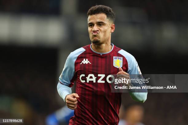 Philippe Coutinho of Aston Villa during the Premier League match between Everton and Aston Villa at Goodison Park on January 22, 2022 in Liverpool,...