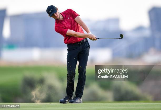 Thomas Pieters of Belgium plays a shot at the 18th hole during the third round of the Abu Dhabi HSBC championship at Yas Links Golf Course, on...
