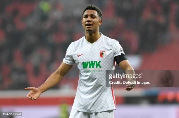 Felix Uduokhai of FC Augsburg gestures during the Bundesliga match between Bayer 04 Leverkusen and FC Augsburg at BayArena on January 22, 2022 in...