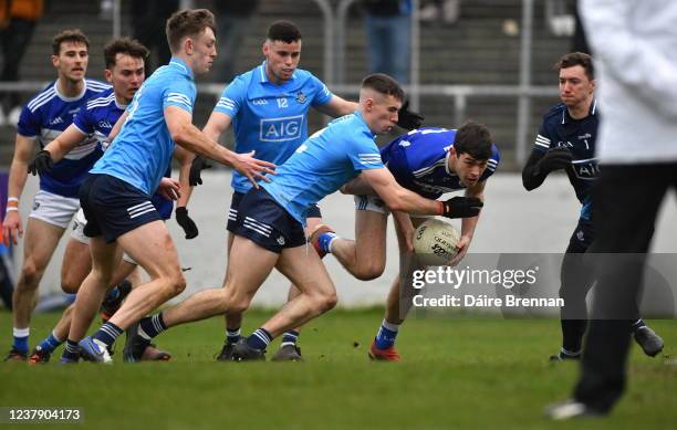 Carlow , Ireland - 22 January 2022; Mark Barry of Laois in action against Lee Gannon of Dublin during the O'Byrne Cup Final match between Dublin and...