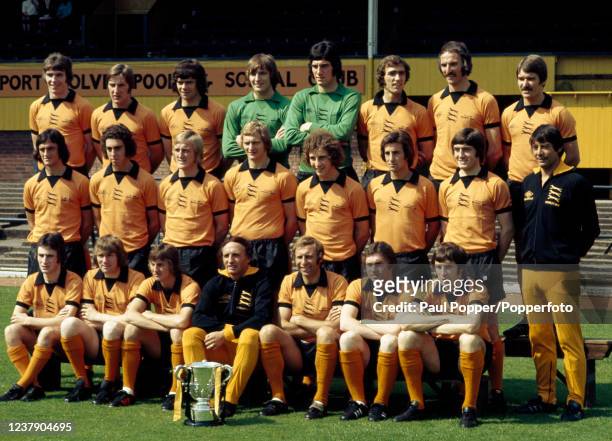 Wolverhampton Wanderers line up for a team photograph at Molineux in Wolverhampton, England, circa July 1974. Back row : Peter Withe, Steve Daley,...
