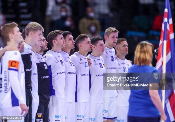 Team France line up for the national anthems during the Men's EHF EURO 2022 Main Round Group 1 match between France and Iceland at MVM Dome...