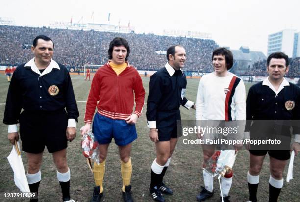 Captains Jozef Adamec of Spartak Trnava and Roy McFarland of Derby County alongside officials before the European Cup Quarter Final 1st Leg at...