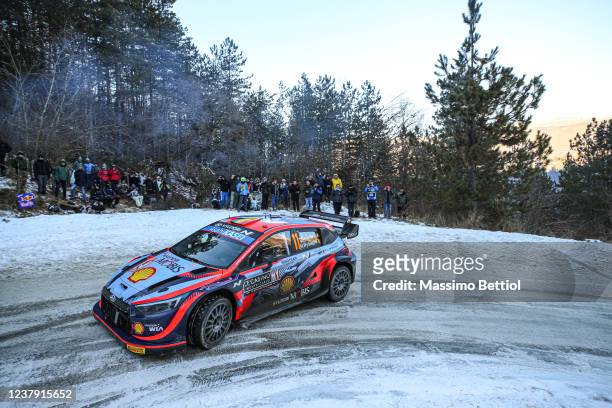 Thierry Neuville of Belgium and Martijn Wydaeghe of Belgium compete with their Hyundai Shell Mobis WRT Hyundai i20 N Rally1 during Day Three of the...