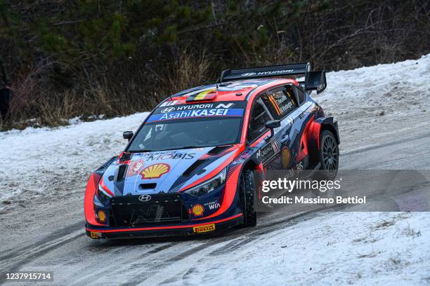 Thierry Neuville of Belgium and Martijn Wydaeghe of Belgium compete with their Hyundai Shell Mobis WRT Hyundai i20 N Rally1 during Day Three of the...