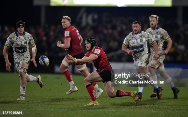 Angus Curtis of Ulster during the Heineken Champions Cup match between Ulster Rugby and ASM Clermont Auvergne at Kingspan Stadium on January 22, 2022...