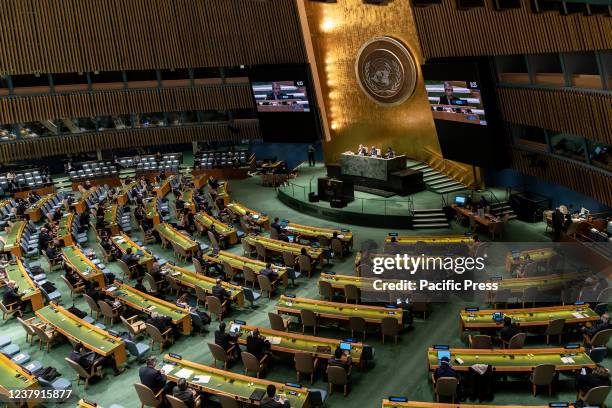 General Assembly 76th session 56th plenary meeting on the priorities of the Secretary-General for 2022 at UN Headquarters.