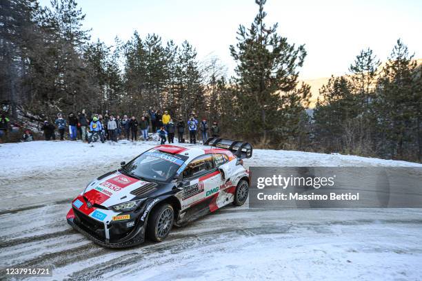 Sebastien Ogier and Benjamin Veillas of France compete with their Toyota Gazoo Racing WRT Toyota GR Yaris Rally1 during Day Three of the FIA World...