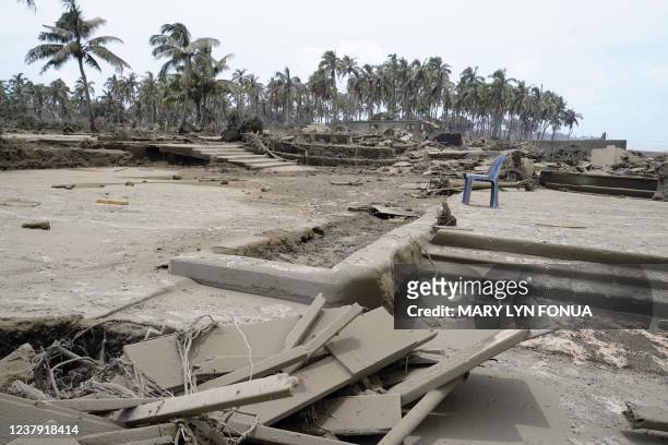 This photo taken on January 16, 2022 shows destroyed beach resorts in the Hihifo district of Tonga's main island Tongatapu following the January 15...
