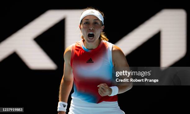 Jessica Pegula of the United States in action during her fourth round singles match against Maria Sakkari of Greece at the 2022 Australian Open at...