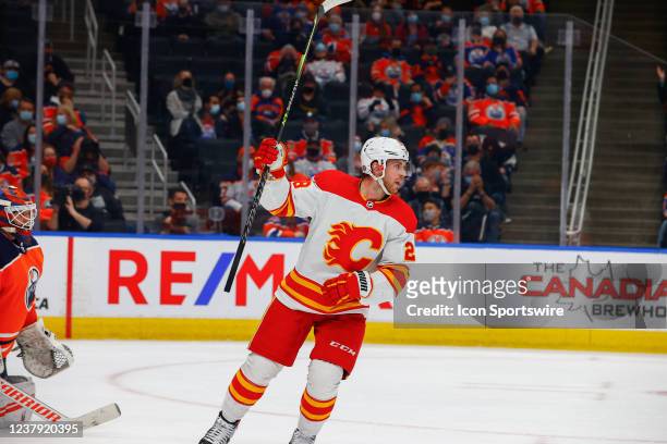 Calgary Flames Center Elias Lindholm celebrates a goal in the second period during the Edmonton Oilers game versus the Calgary Flames on January 22,...
