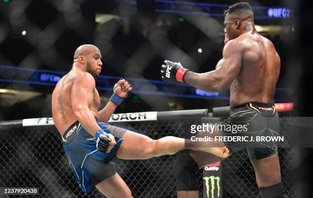 Heavyweight world champion Cameroon's Francis Ngannou and France's Ciryl Gane fight for the heavyweight title at the Honda Center in Anaheim,...