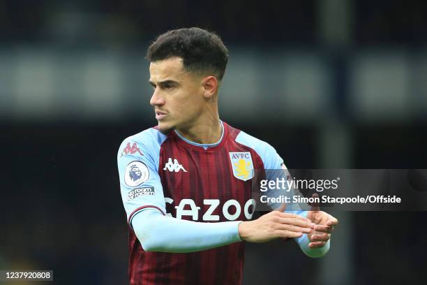 Philippe Coutinho of Aston Villa gestures during the Premier League match between Everton and Aston Villa at Goodison Park on January 22, 2022 in...