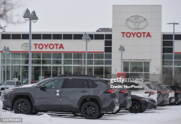 Toyota vehicles outside a Toyota dealership in South Edmonton. On Saturday, January 22 in Edmonton, Alberta, Canada.