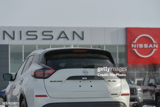 New Nissan car outside a Nissan dealership in South Edmonton. On Saturday, January 22 in Edmonton, Alberta, Canada.