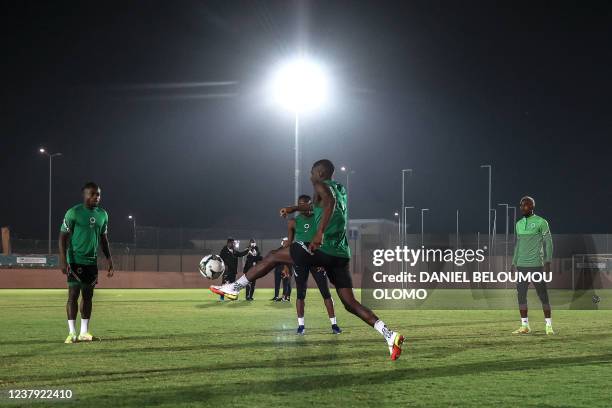 Nigerian players attend a training session in Garoua on January 22 on the eve of the Africa Cup of Nations football match between Nigeria and Tunisia.