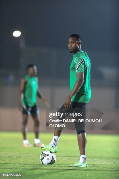 Nigeria's midfielder Frank Onyeka attends a training session in Garoua on January 22 on the eve of the Africa Cup of Nations football match between...