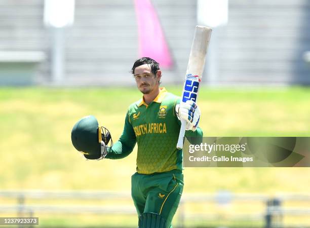 Quinton de Kock of South Africa celebrates scoring a century during the 3rd Betway One Day International match between South Africa and India at Six...