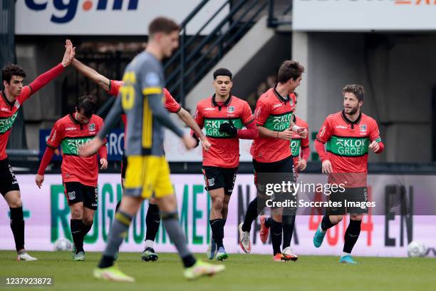 Lasse Schone of NEC Nijmegen celebrates 1-0 with Rodrigo Guth of NEC Nijmegen, Elayis Tavsan of NEC Nijmegen Cas Odenthal of NEC Nijmegen during the...