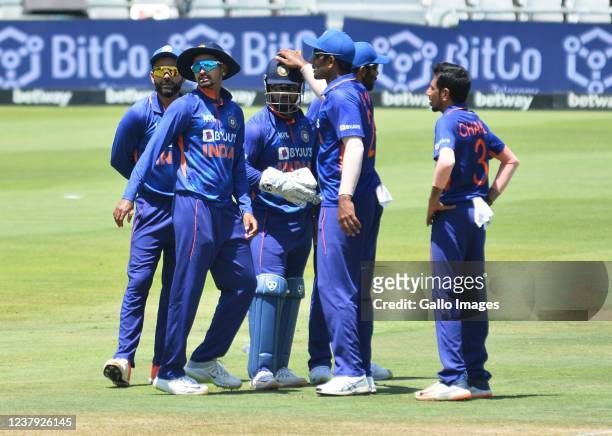 Indian players celebrates the wicket of Andile Phehlukwayo of South Africa during the 3rd Betway One Day International match between South Africa and...