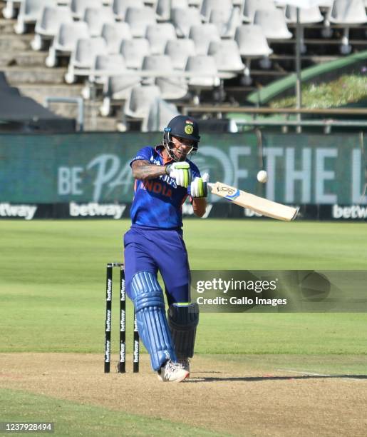 Shikhar Dhawan of India top edges during the 3rd Betway One Day International match between South Africa and India at Six Gun Grill Newlands on...