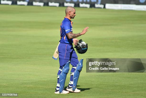 Shikhar Dhawan of India walks off after being dismissed during the 3rd Betway One Day International match between South Africa and India at Six Gun...