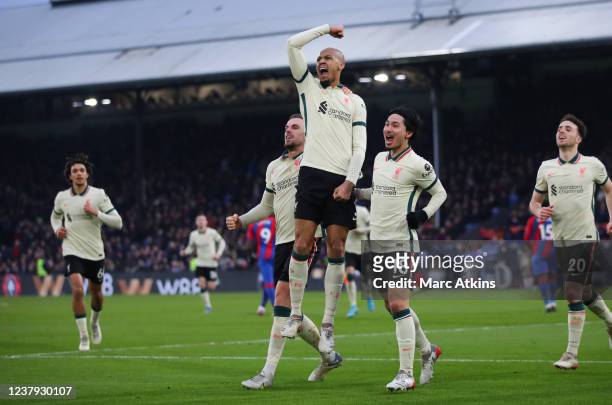 Fabinho of Liverpool celebrates scoring their 3rd goal during the Premier League match between Crystal Palace and Liverpool at Selhurst Park on...