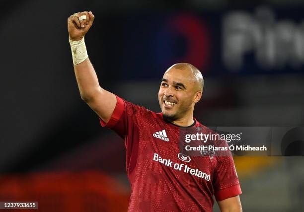 Limerick , Ireland - 23 January 2022; Simon Zebo of Munster celebrates after his side's victory in the Heineken Champions Cup Pool B match between...