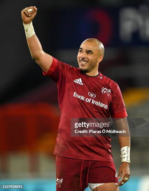 Limerick , Ireland - 23 January 2022; Simon Zebo of Munster celebrates after his side's victory in the Heineken Champions Cup Pool B match between...