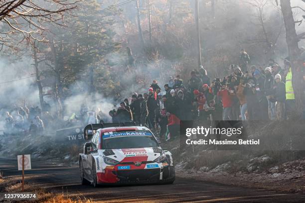 Sebastien Ogier of France and Benjamin Veillas of France compete with their Toyota Gazoo Racing WRT Toyota GR Yaris Rally1 during Day Four of the FIA...