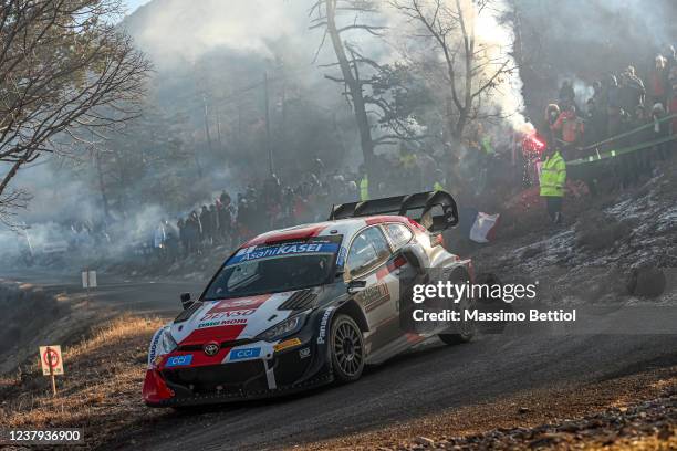 Sebastien Ogier of France and Benjamin Veillas of France compete with their Toyota Gazoo Racing WRT Toyota GR Yaris Rally1 during Day Four of the FIA...