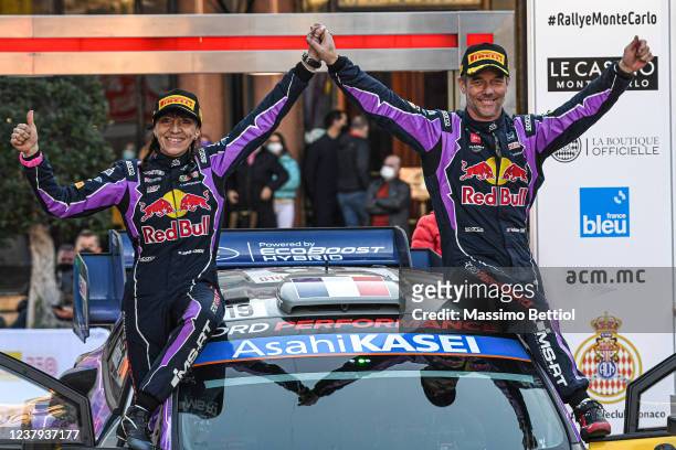 Sebastien Loeb of France and Isabelle Galmische of France are celebrating their victory in the final podium during Day Four of the FIA World Rally...