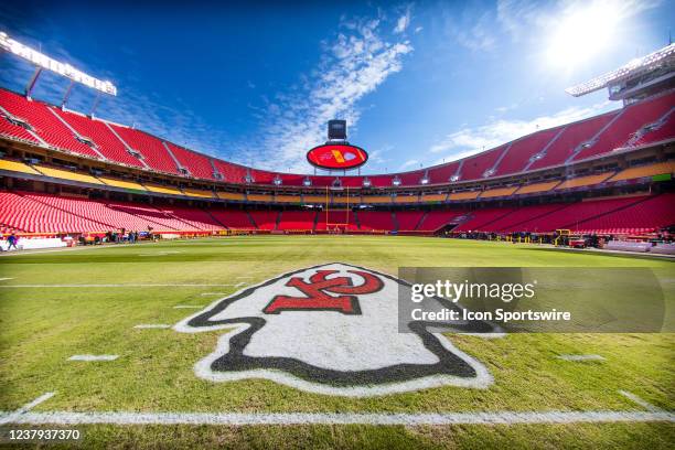 Kansas City Chiefs logo center field prior to the game against the Buffalo Bills on January 23rd, 2022 at GEHA field at Arrowhead Stadium in Kansas...