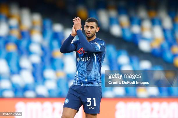 Faouzi Ghoulam of SSC Napoli gestures during the Serie A match between SSC Napoli and US Salernitana at Stadio Diego Armando Maradona on January 23,...