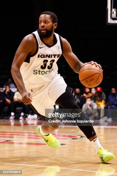 Miles of the G League Ignite dribbles ball during the game against the Long Island Nets on January 23, 2022 at Nassau Veterans Memorial Coliseum in...