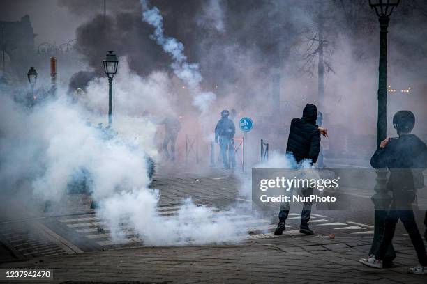 Clashes during a demonstration against health measaures in Brussels, Belgium, on January 23, 2022. Authorities estimated that around 50,000 people...