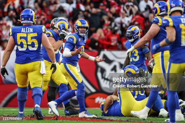 Tampa, Florida, Sunday, January 23, 2022 - Los Angeles Rams quarterback Matthew Stafford yells at Los Angeles Rams center Brian Allen after he...