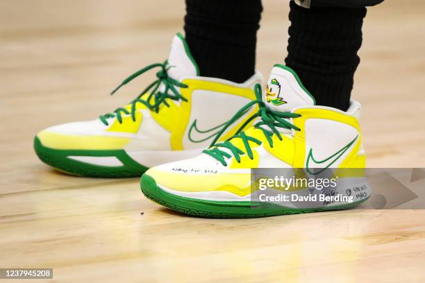 The sneakers worn by Kyrie Irving of the Brooklyn Nets before the start of the game against the Minnesota Timberwolves at Target Center on January...