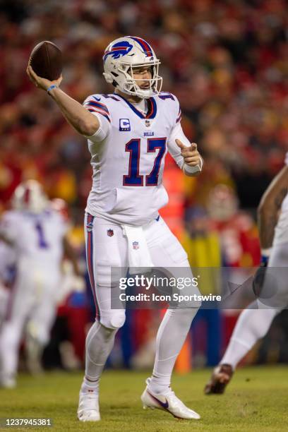 Buffalo Bills quarterback Josh Allen passes against the Kansas City Chiefs during the AFC Divisional Round playoff game on January 23rd, 2022 at...