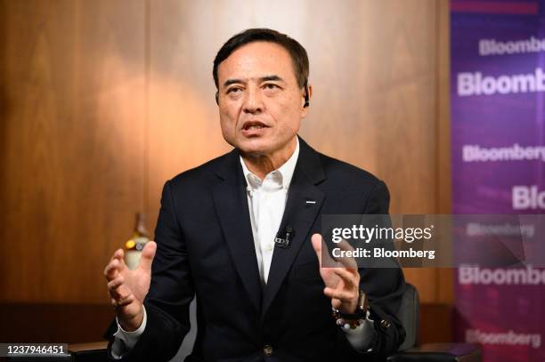 Takeshi Niinami, president and chief executive officer of Suntory Holdings Ltd., speaks during a Bloomberg TV interview at the company's world...