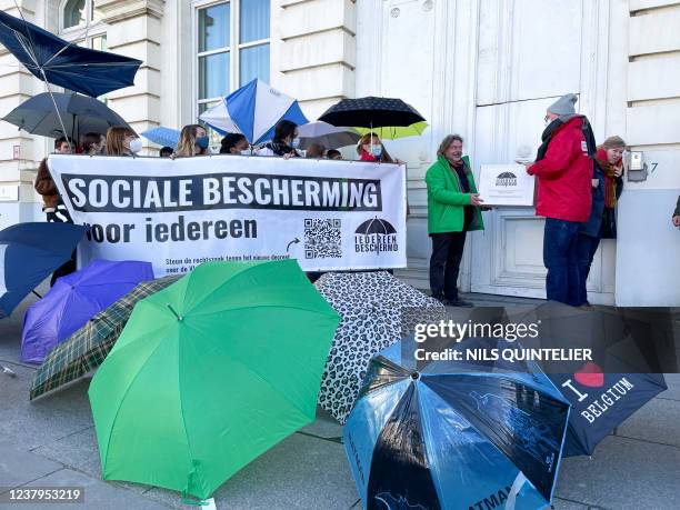 Illustration picture shows a symbolic action of several midfield organisations against the proposed reforms to the Flemish Social Protection in front...