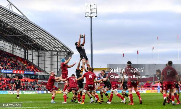 Limerick , Ireland - 23 January 2022; James Gaskell of Wasps wins a posession from a line out during the Heineken Champions Cup Pool B match between...