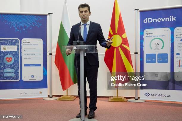 Prime Minister Kiril Petkov of Bulgaria donates a medical digital system to North Macedonia during an official visit on January 18, 2022 in Skopje,...