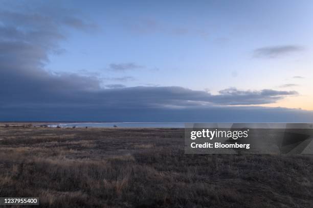 The coast line of Perekop Bay, which connects to the Black Sea, near the Crimea border in the Kalanchatski region of Kherson Oblast, Ukraine, on...